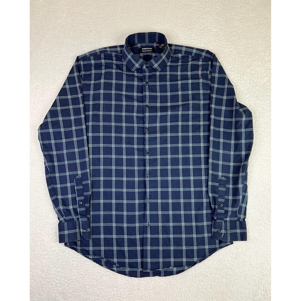 Nordstrom Dress Shirt Mens 16.5 34/35 Blue Plaid Non Iron Trim Fit Long Sleeve